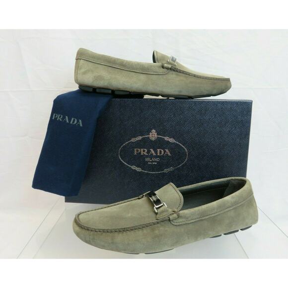PRADA 2DD159 KHAKI FUMO SUEDE LOGO DRIVING MOCCASINS LOAFERS 7 / US 8 ITALY - Picture 2 of 12